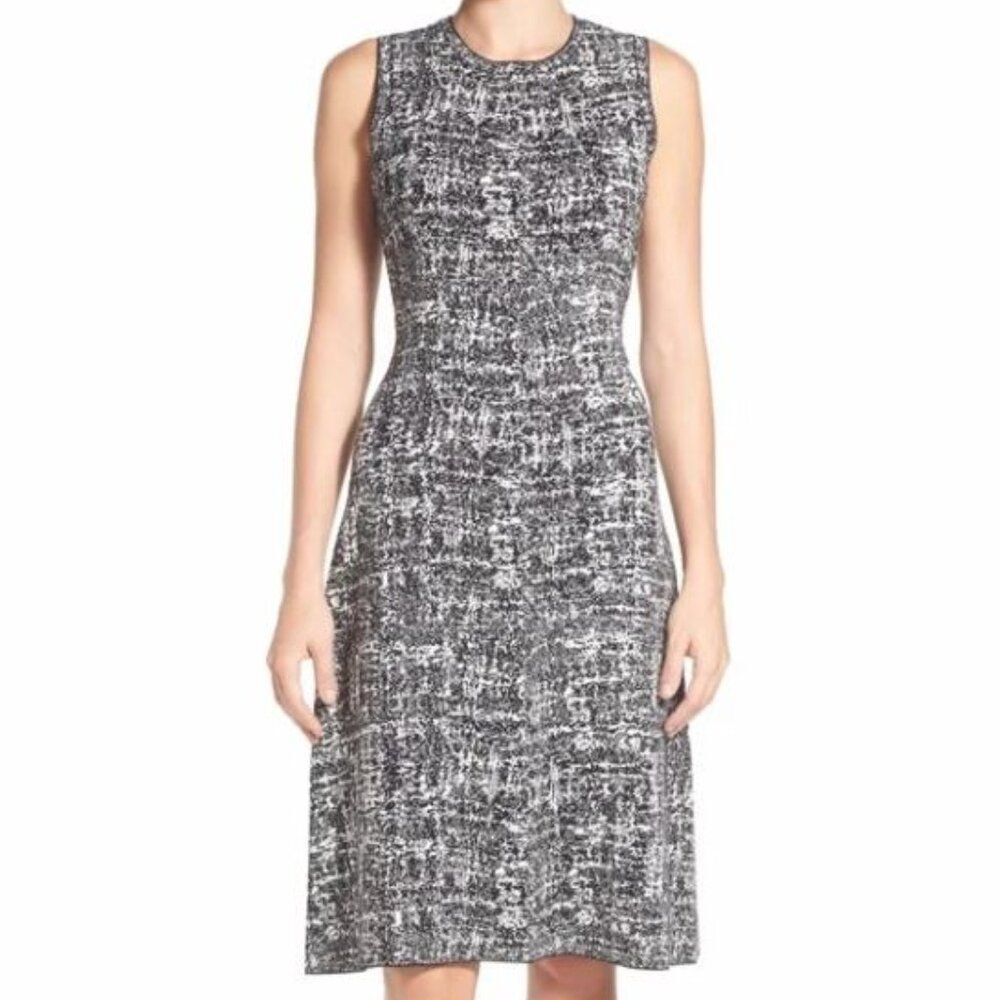 HALOGEN Size X-Small Black White Stretch Knit A-Line Midi Dress Abstract Neutral